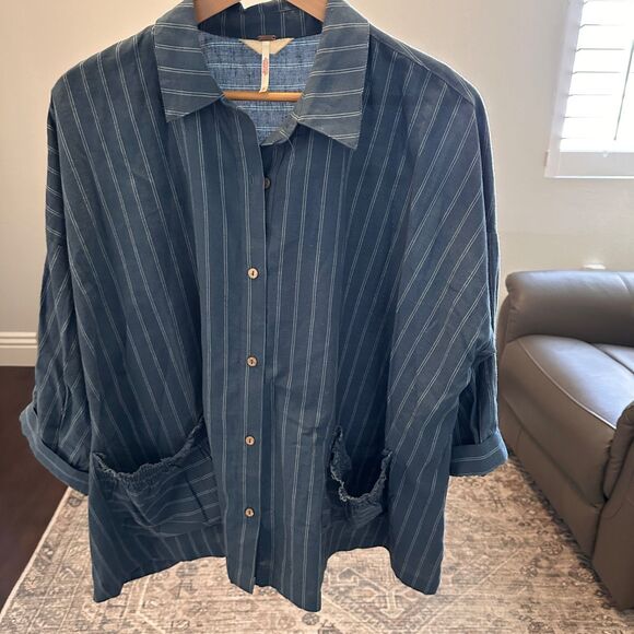 Free People Oversized Striped Button Down Shirt Blue Small Boho Coastal - Picture 1 of 10